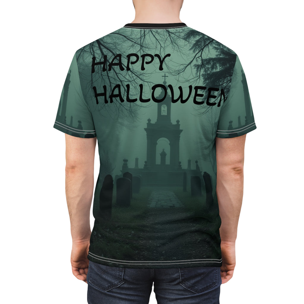 Eerie Cemetery Unisex Halloween T-shirt featuring spooky ghost and misty graveyard all-over print design