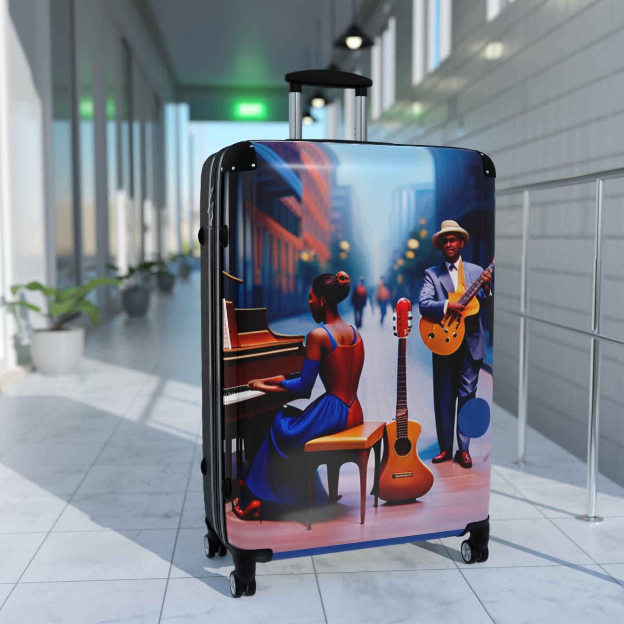 Hard-shell checked suitcase with blue caricature jazz print, telescopic handle, and four double 360° whee — additional view 6