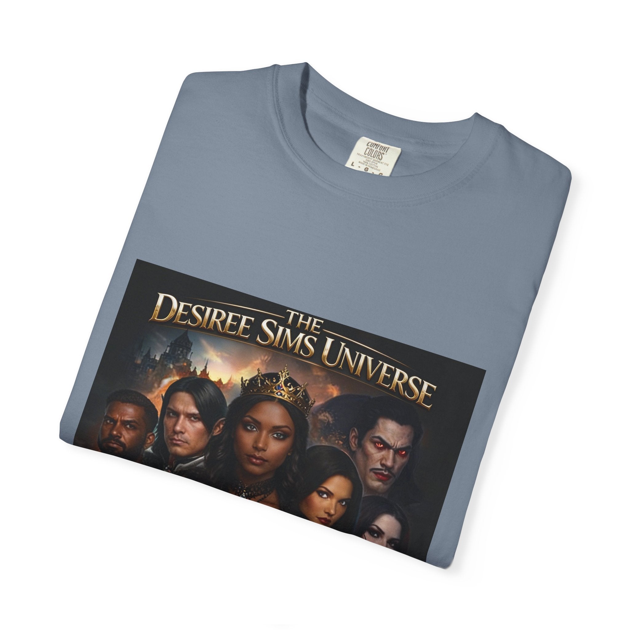 Desiree Sims Universe Fantasy Series Cast Poster T-shirt with cinematic magic print on garment-dyed fabric