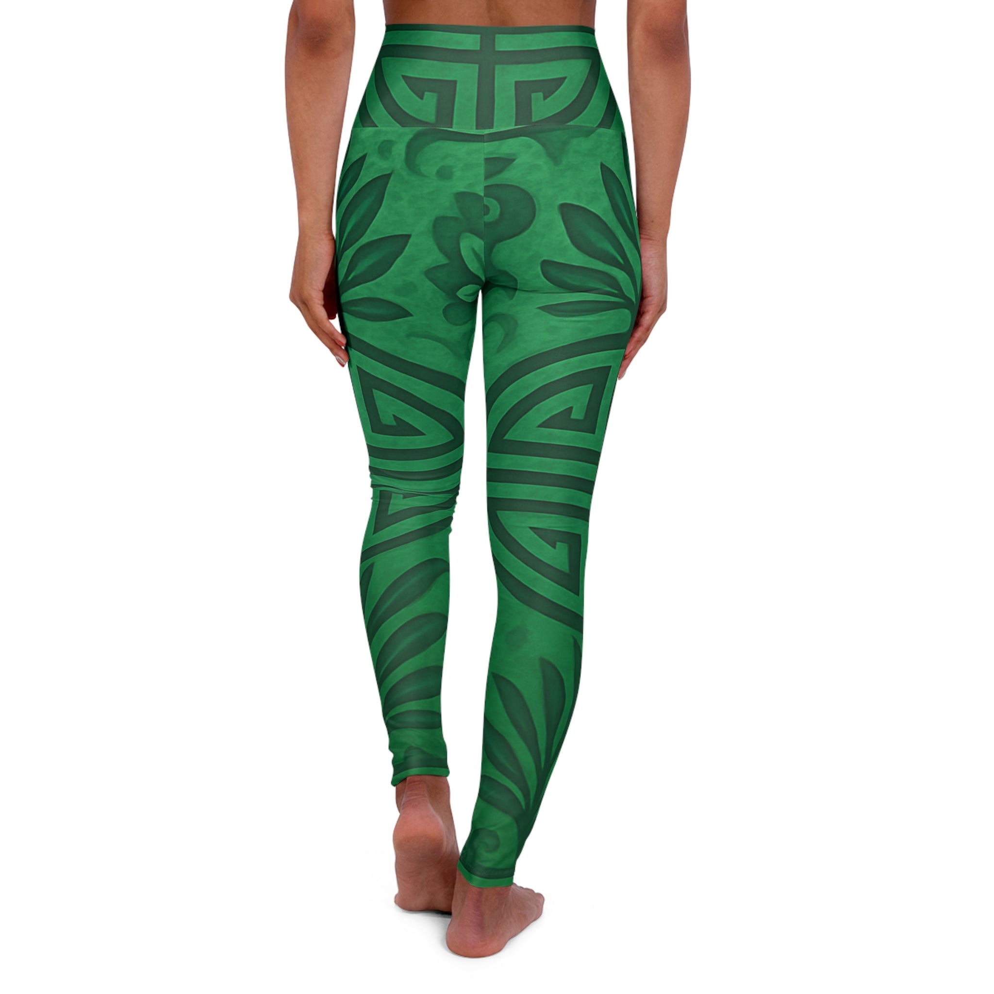 High-waisted emerald green yoga leggings with all-over Feng Shui print and smooth waistband — product detail