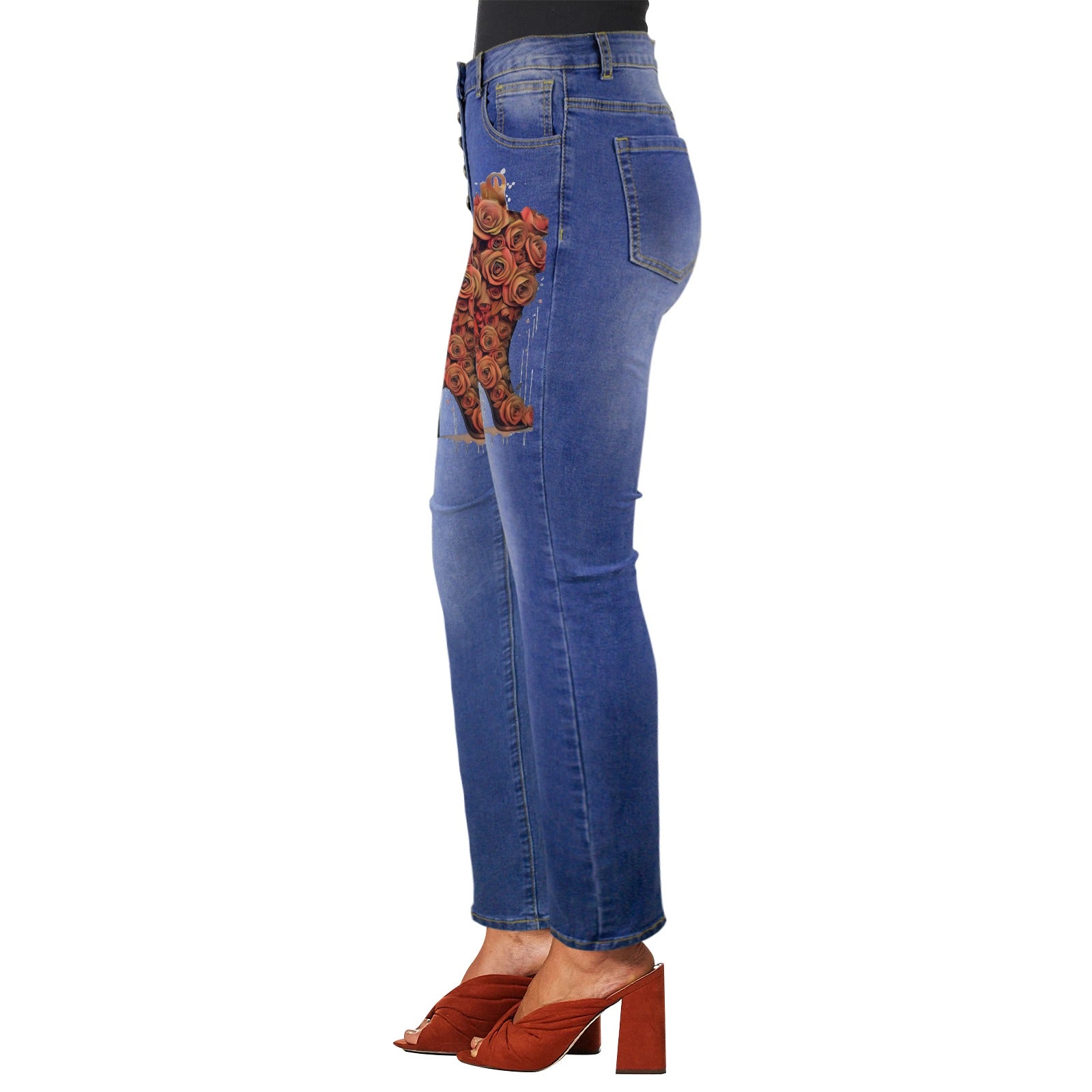 Rich and Rich Rust Orange high waist women's jeans with front print and five-button closure