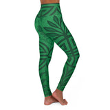 High-waisted emerald green yoga leggings with all-over Feng Shui print and smooth waistband — rear view
