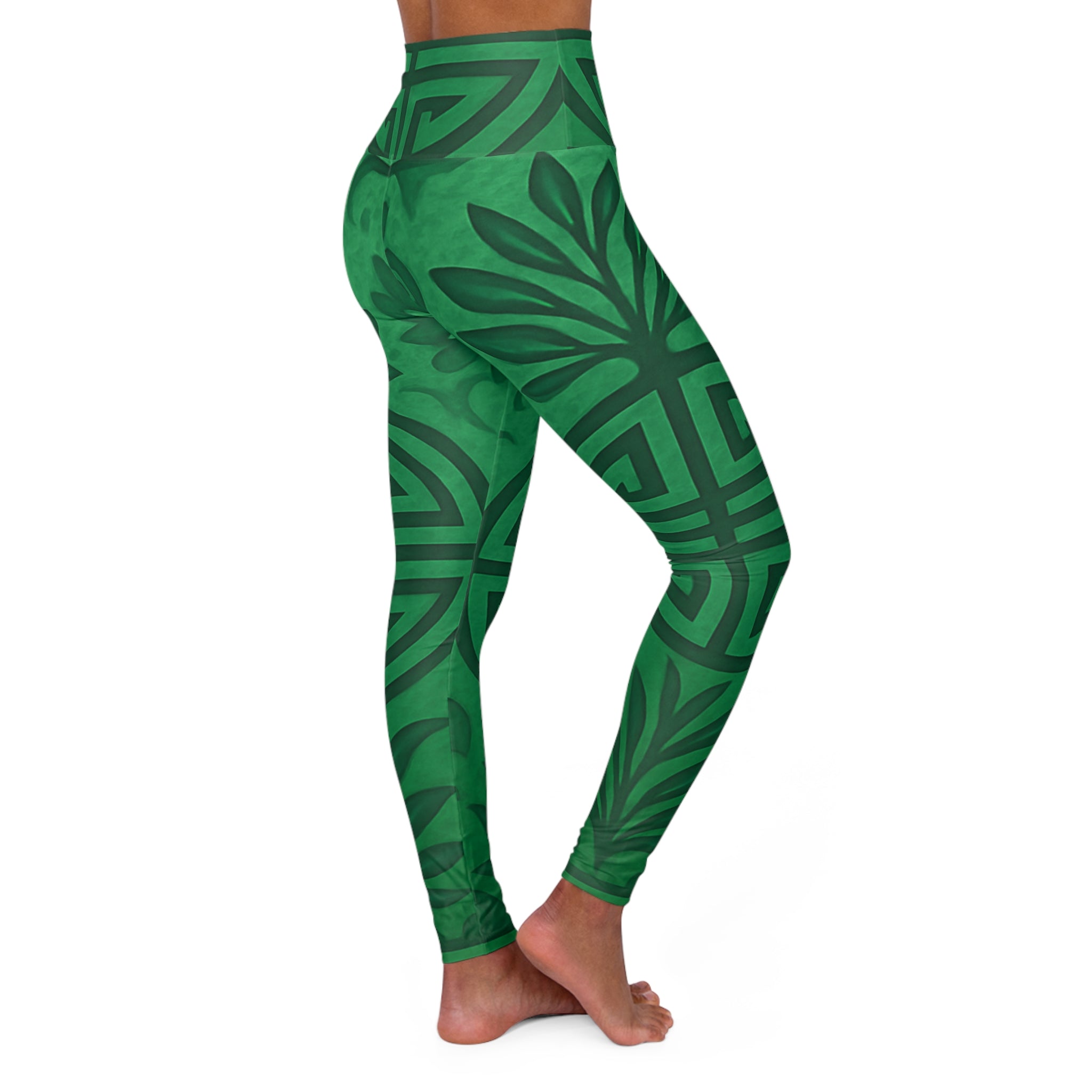 High-waisted emerald green yoga leggings with all-over Feng Shui print and smooth waistband — rear view