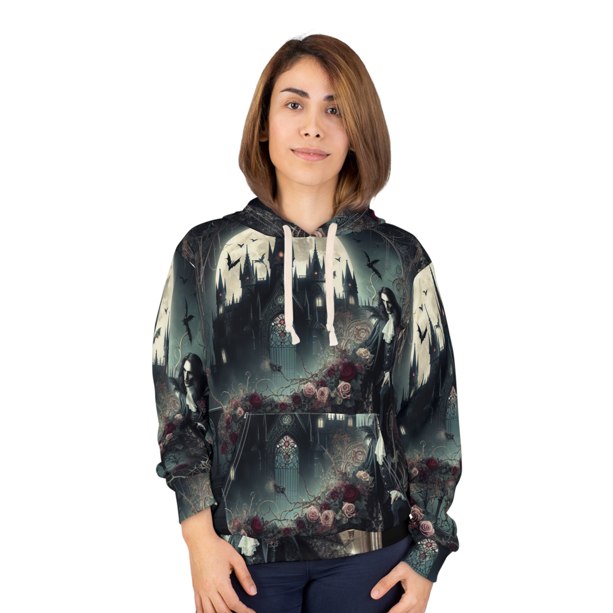 Gothic Fantasy Unisex Pullover Hoodie with dark aesthetic all-over print and adjustable hood