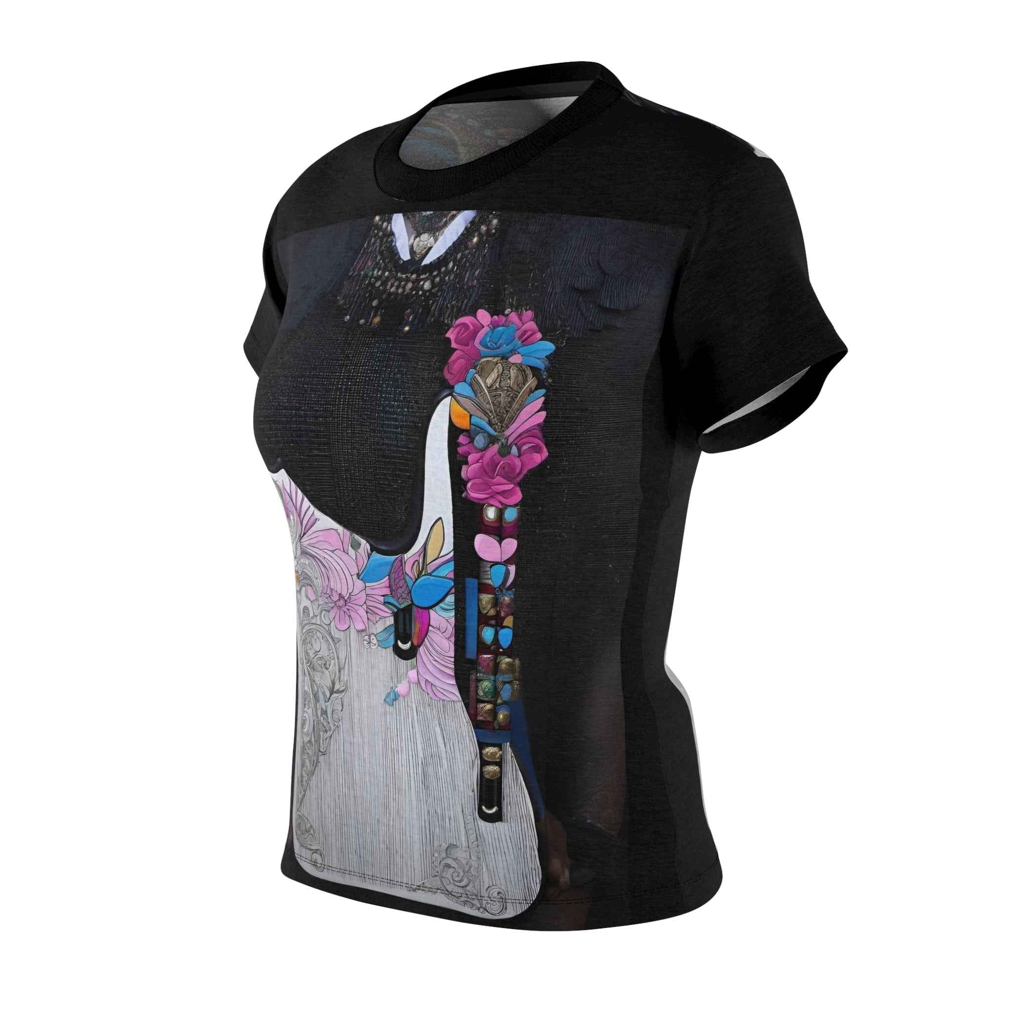 Women's black all-over print t-shirt featuring a repeating black guitar design on polyester — alternate view