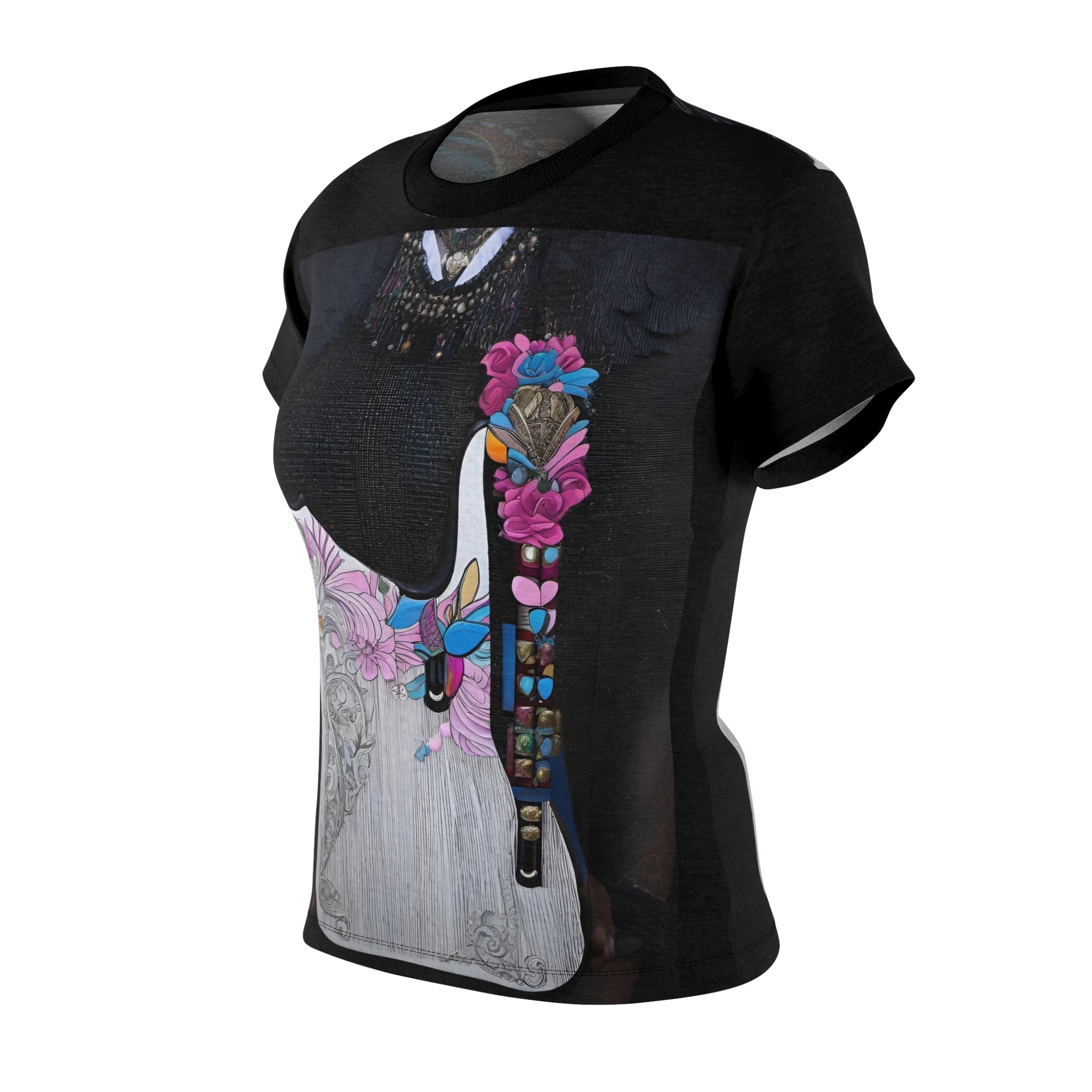R&RH Black Guitar Women's T-Shirt with all over guitar print, crew neck, and regular fit