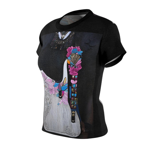 R&RH Black Guitar Women's T-Shirt with all over guitar print, crew neck, and regular fit