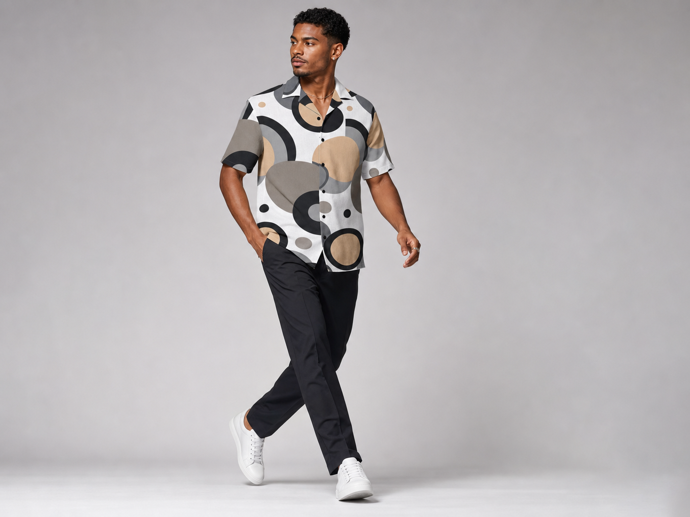 Rich and Rich Men's Beige Circular Dimension Designer Shirt