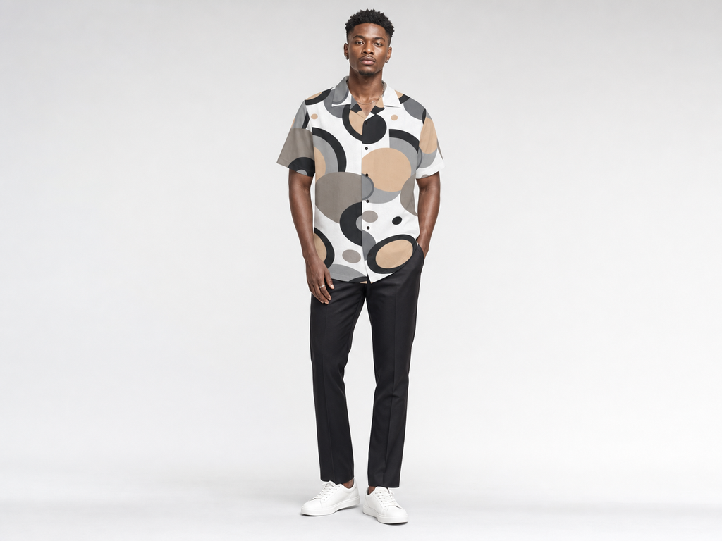 Rich and Rich Men's Beige Circular Dimension Designer Shirt