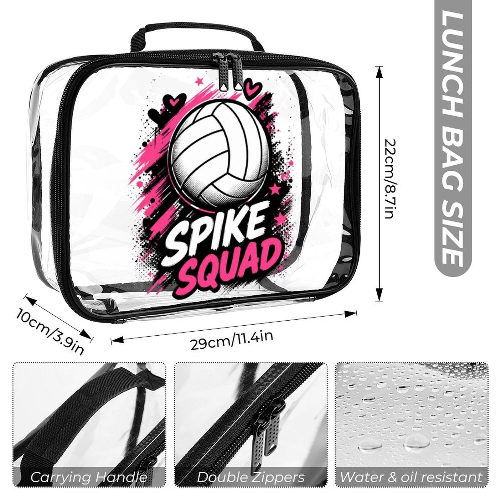 Clear PVC backpack with matching insulated lunch bag and pencil case and mesh side pockets — side view