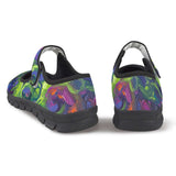 Women’s key lime abstract Mary Jane shoes with mesh upper and Velcro strap and EVA sole — rear view
