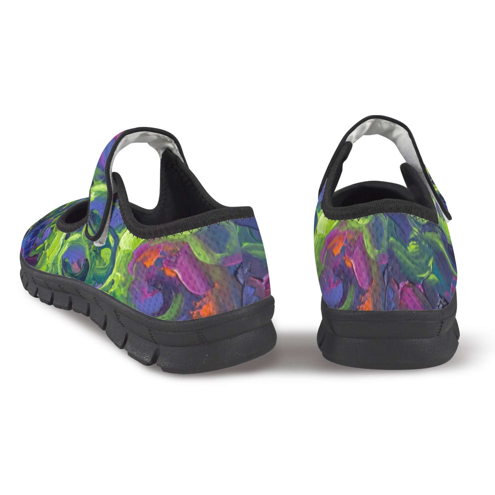 Women’s key lime abstract Mary Jane shoes with mesh upper and Velcro strap and EVA sole — rear view