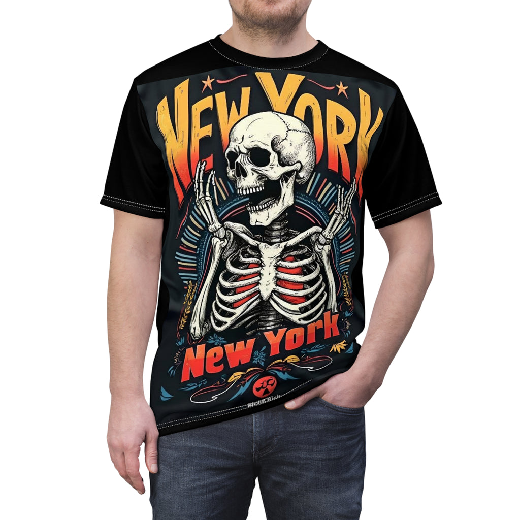Unisex Gothic New York Skeleton T-Shirt with bold skull graphic on black background