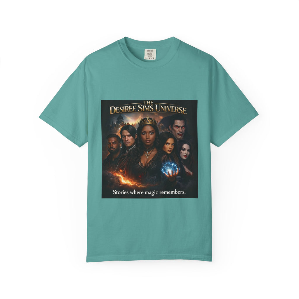 Desiree Sims Universe Fantasy Series Cast Poster T-shirt with cinematic magic print on garment-dyed fabric