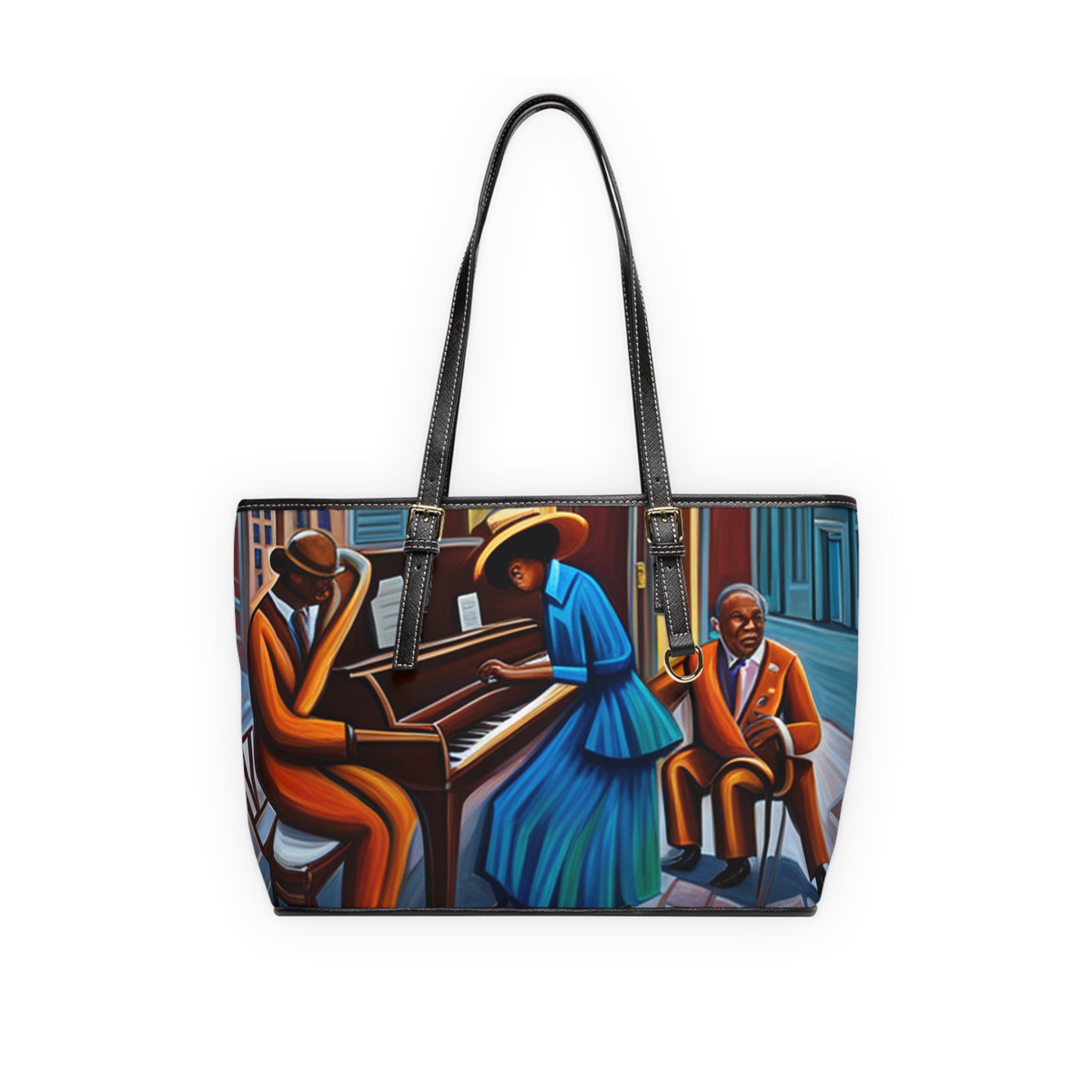 PU leather shoulder bag with gold-colored hardware, polyester lining, and double-sided prints — alternate view
