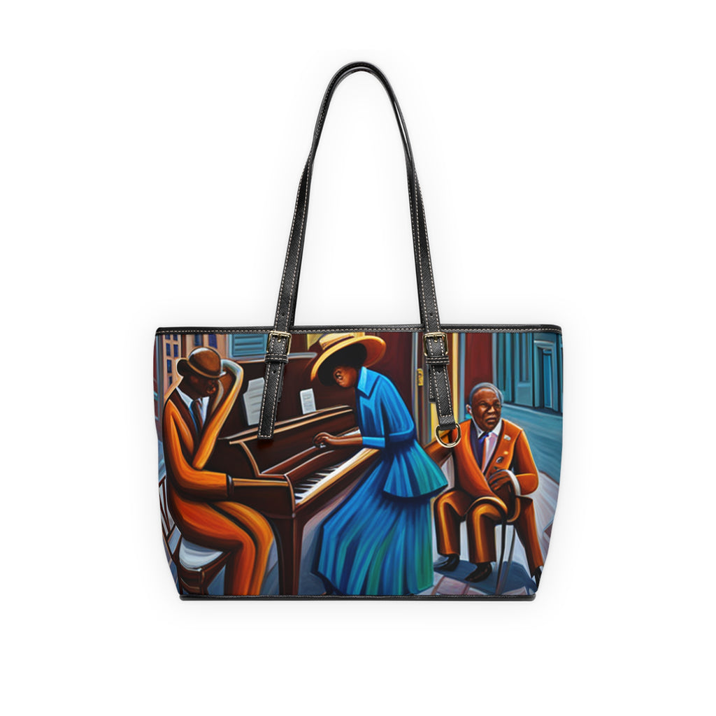 R&RH PU Leather Jazz Shoulder Bag in stylish black with gold zipper and double-sided print