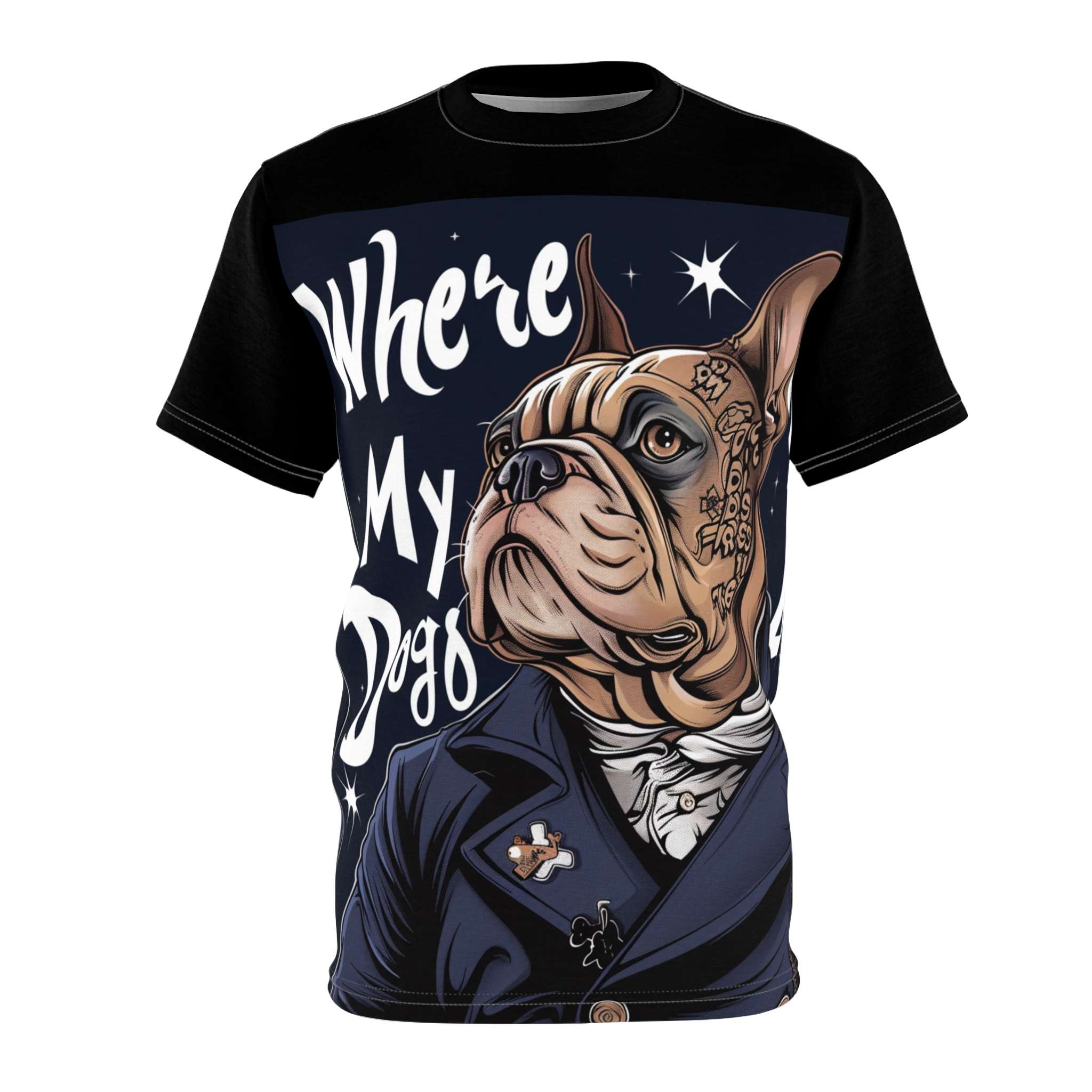 'Where My Dogs' unisex T-shirt with all-over dog portrait print in colorful design