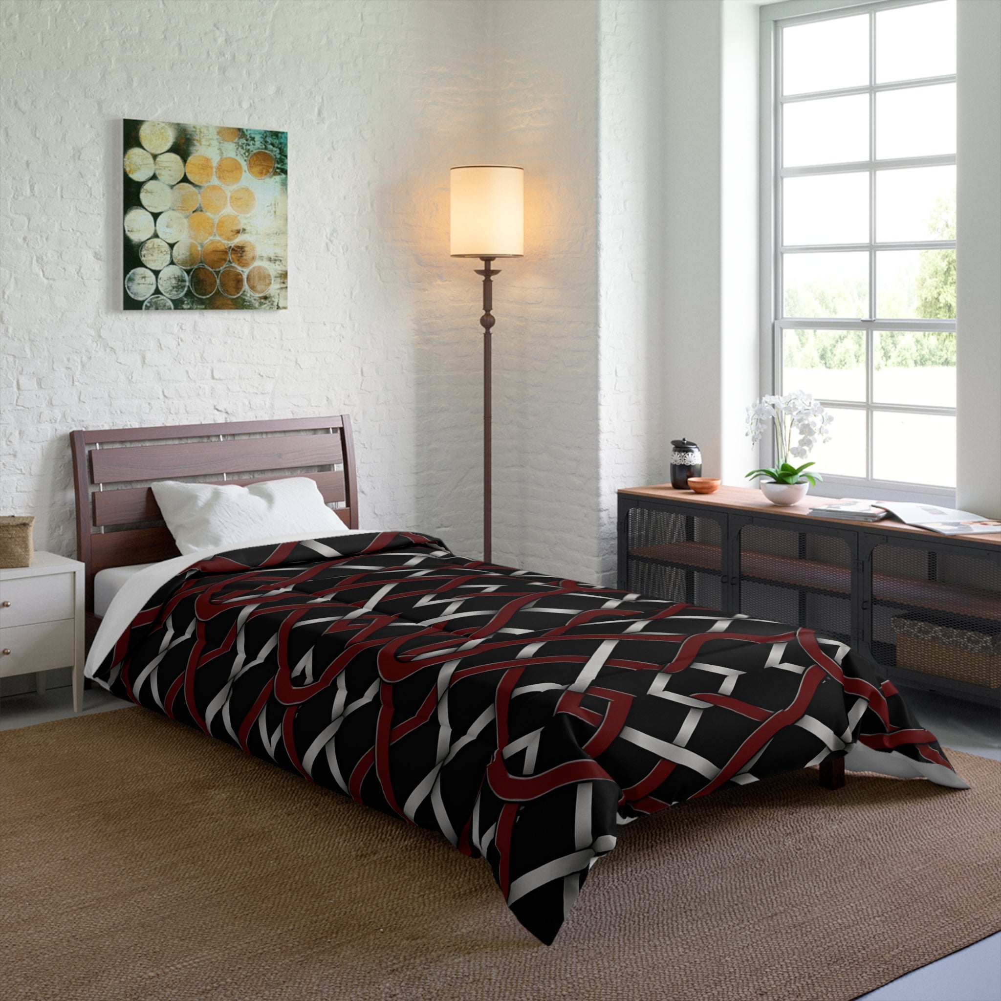 Rich and Rich Red and Gray Modern Geometric Comforter on bed in stylish bedroom