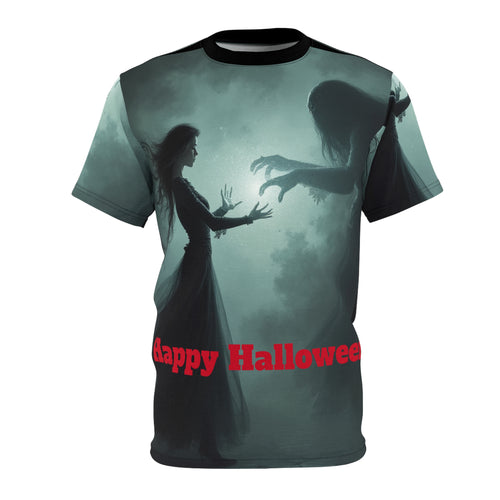 Halloween Unisex Cut & Sew Tee with spooky graphic design featuring fall and horror-themed artwork