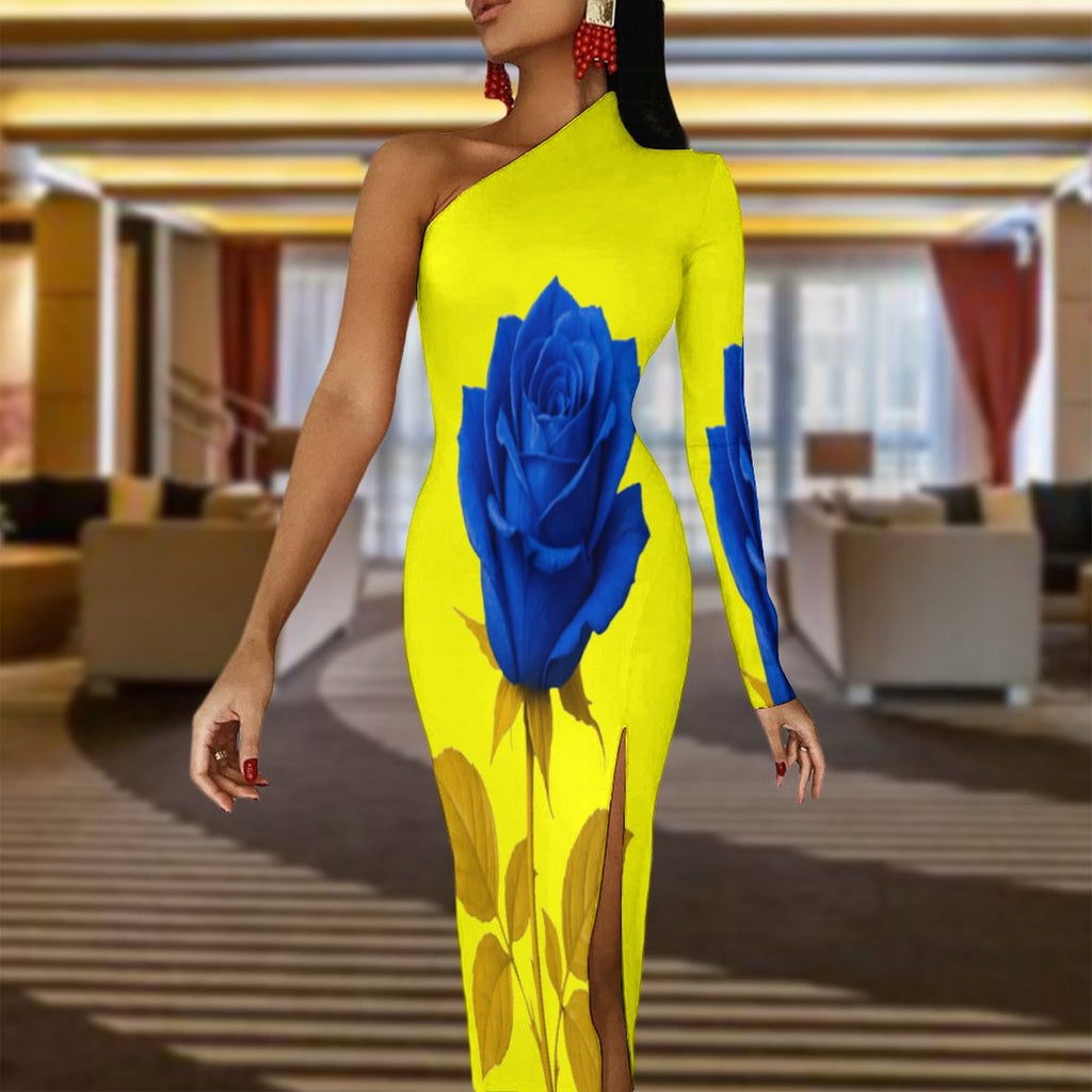 Woman wearing a one-shoulder half sleeve split maxi dress in soft polyester blend
