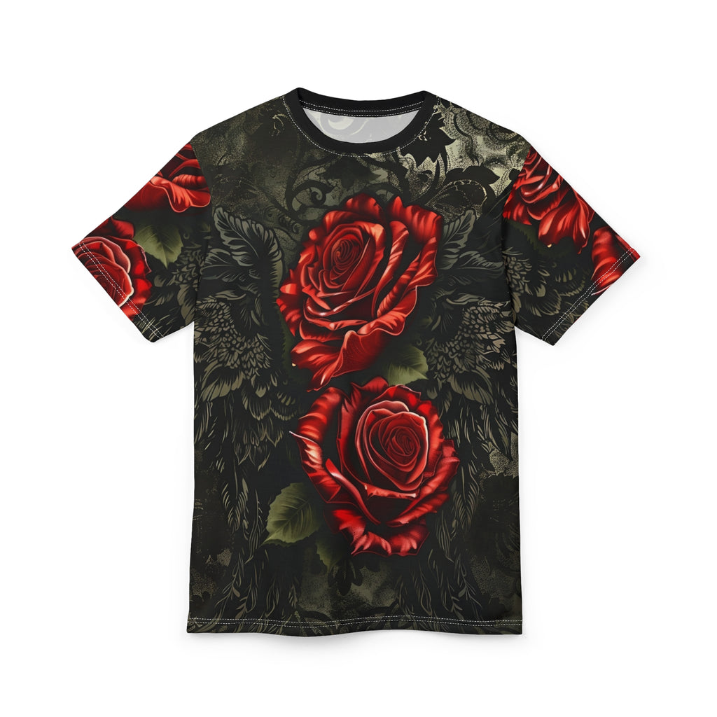 R&RH Vibrant Rose Wing Unisex Black Tee - Edgy Floral Graphic T-Shirt