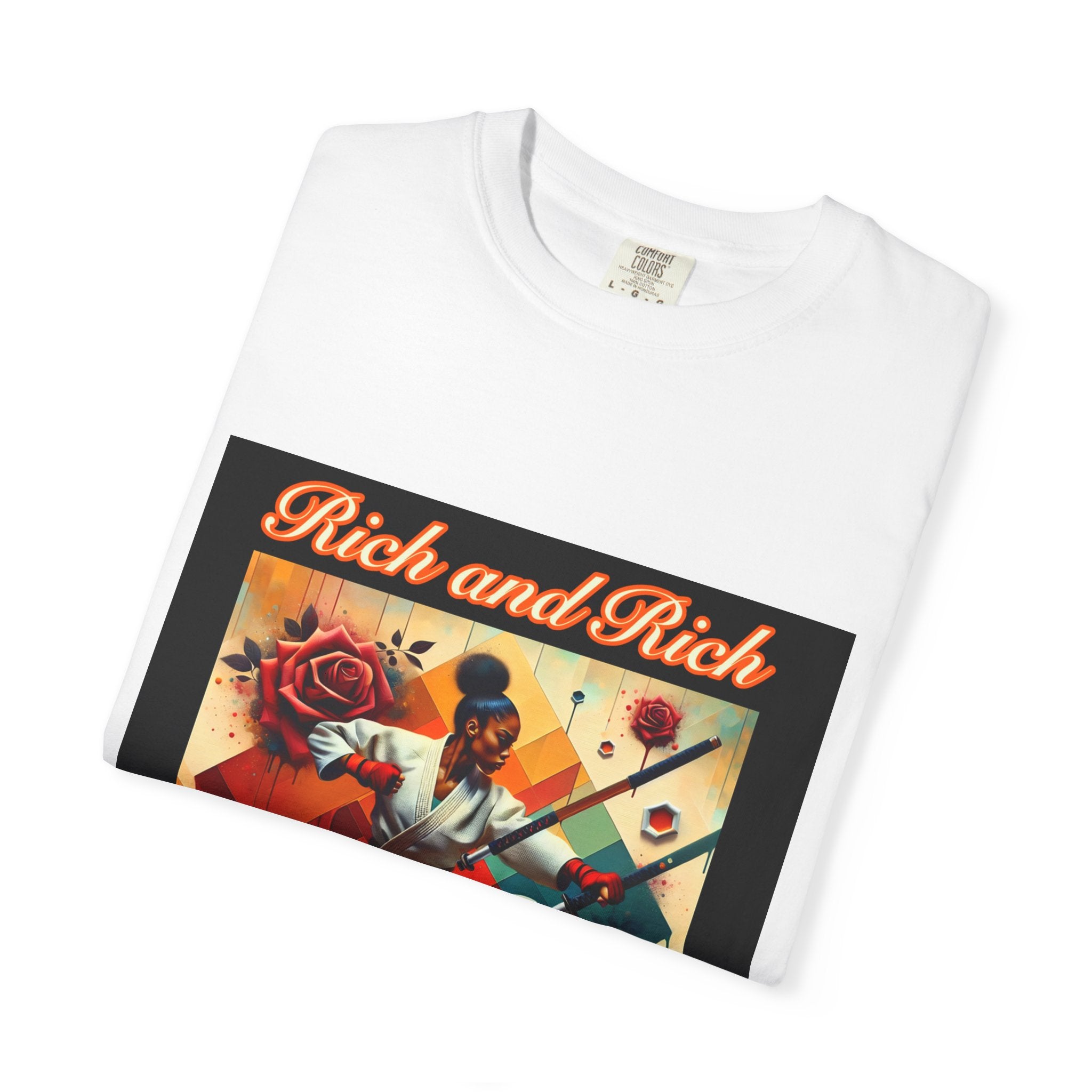 Rich and Rich Retro Floral Hip-Hop Artwork T-Shirt with bold graphic print on front
