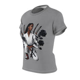 Grey women's T-shirt with samurai-inspired graphic print and regular tagless fit — additional view 7