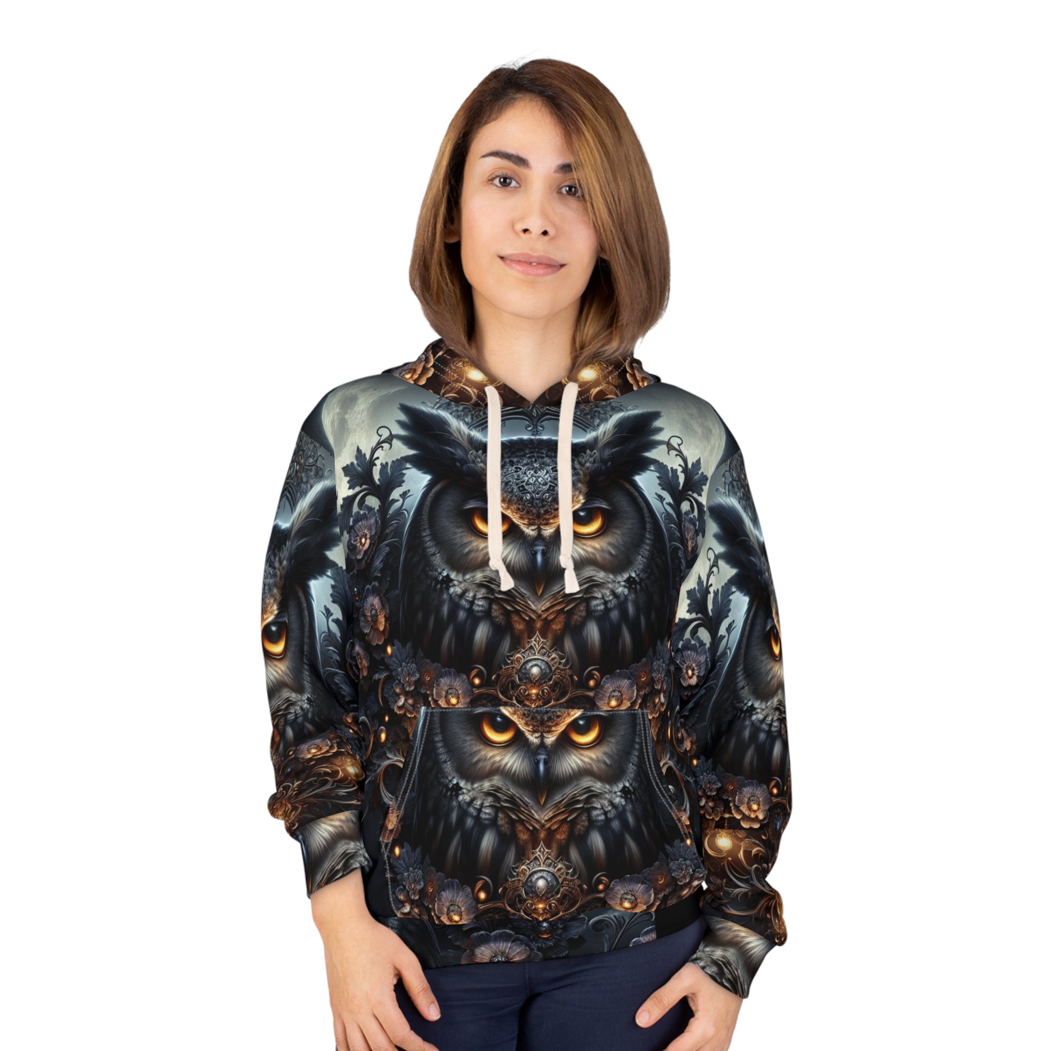 Owl Spirit AOP Pullover Hoodie | Unisex Cozy Sweatshirt for Nature Lovers, Great Gift for Birthdays, Halloween, or Everyday Wear