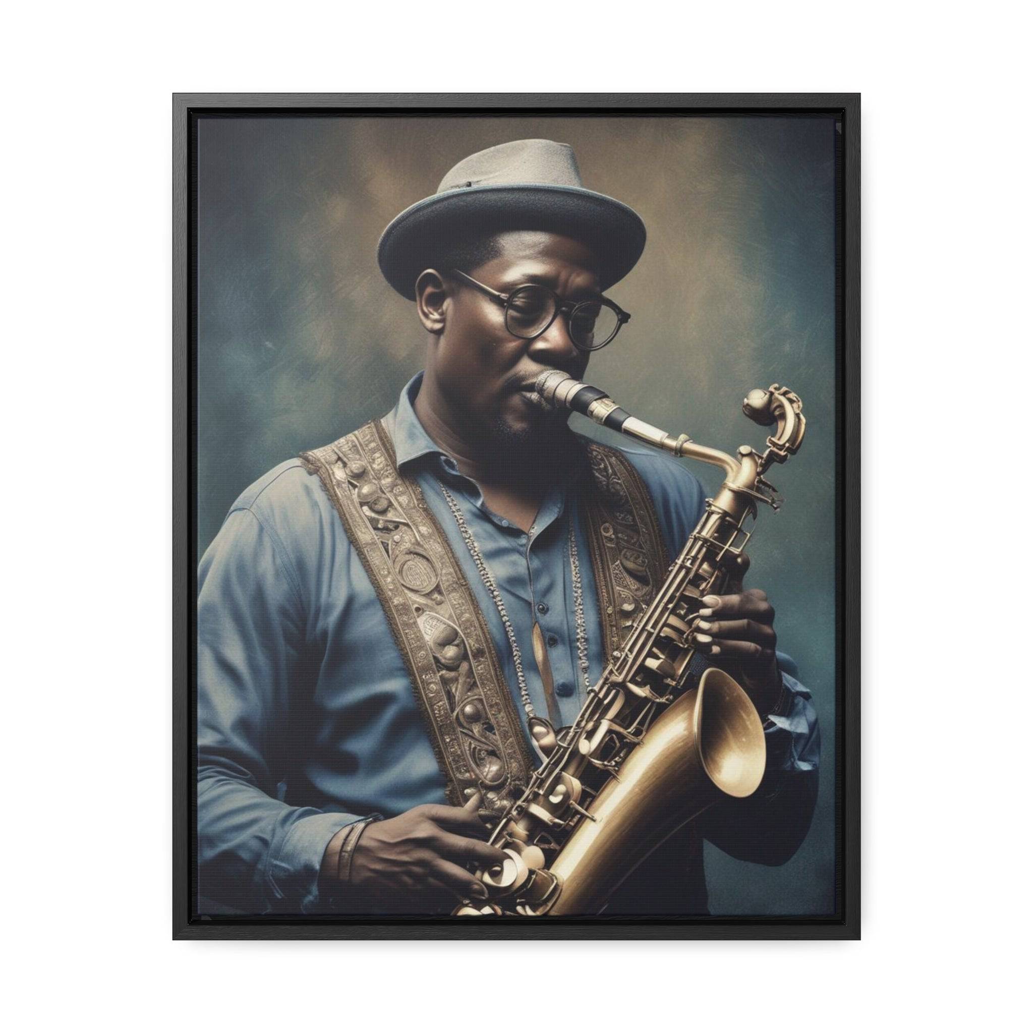 Canvas wall art depicting a saxophone player on cotton canvas stretched over a poplar wood frame
