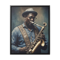 Canvas wall art depicting a saxophone player on cotton canvas stretched over a poplar wood frame