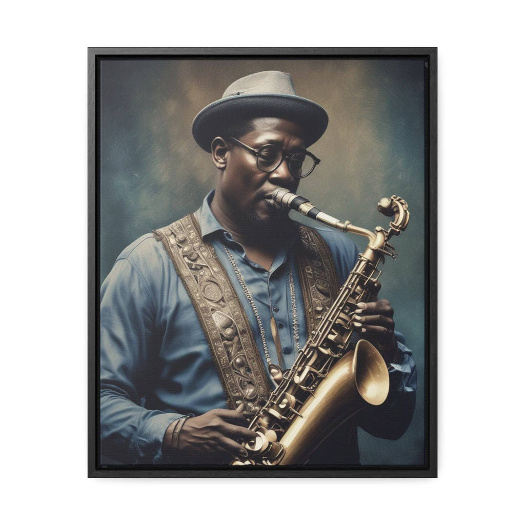 R&RH Saxophone Player vertical gallery wrapped canvas art with walnut frame