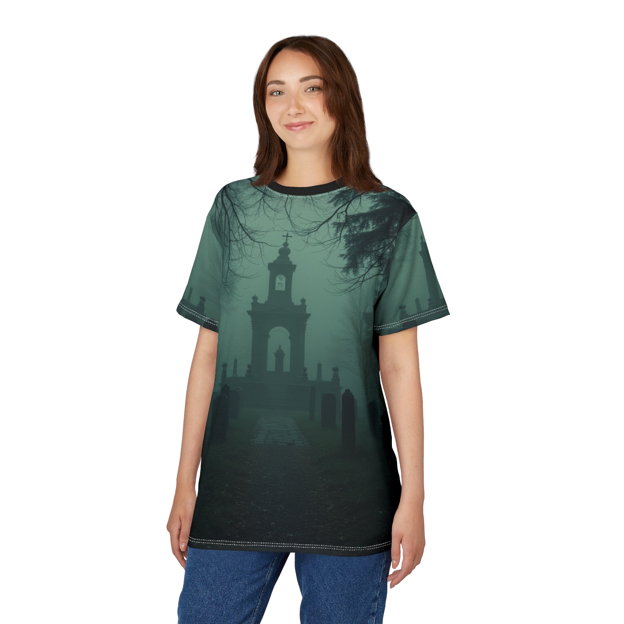 Eerie Cemetery Unisex Halloween T-shirt featuring spooky ghost and misty graveyard all-over print design