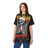Black all-over print tee with large New York skeleton graphic, crew neck and regular unisex fit — additional view 17