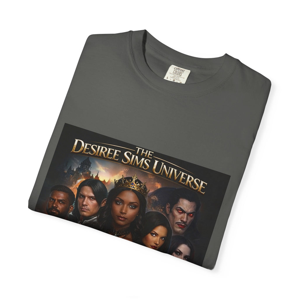 Desiree Sims Universe Fantasy Series Cast Poster T-shirt with cinematic magic print on garment-dyed fabric