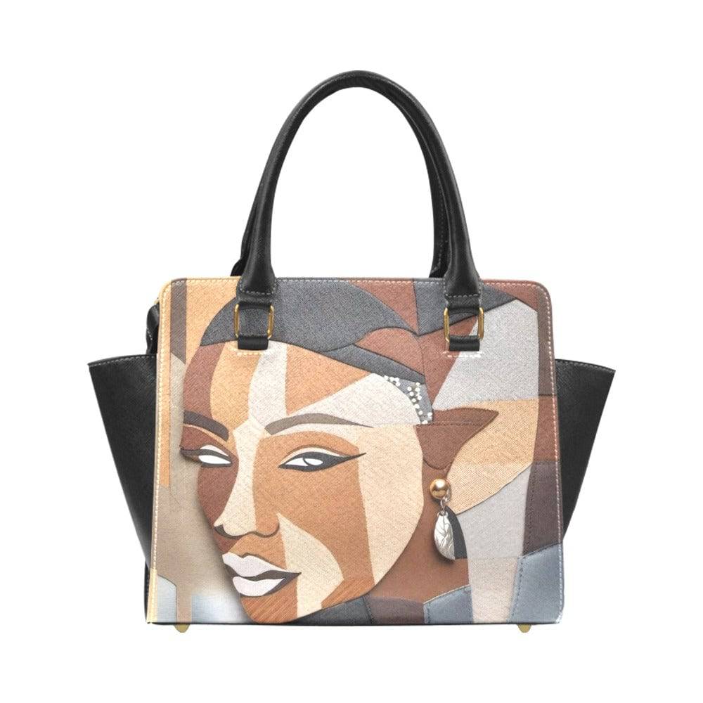 Abstract brown shoulder handbag with rivet detail, double handles and removable adjustable strap — additional view 10