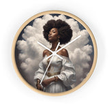 Square 10-inch wall clock with wood frame, plexiglass face, and a quiet metal mechanism — product detail