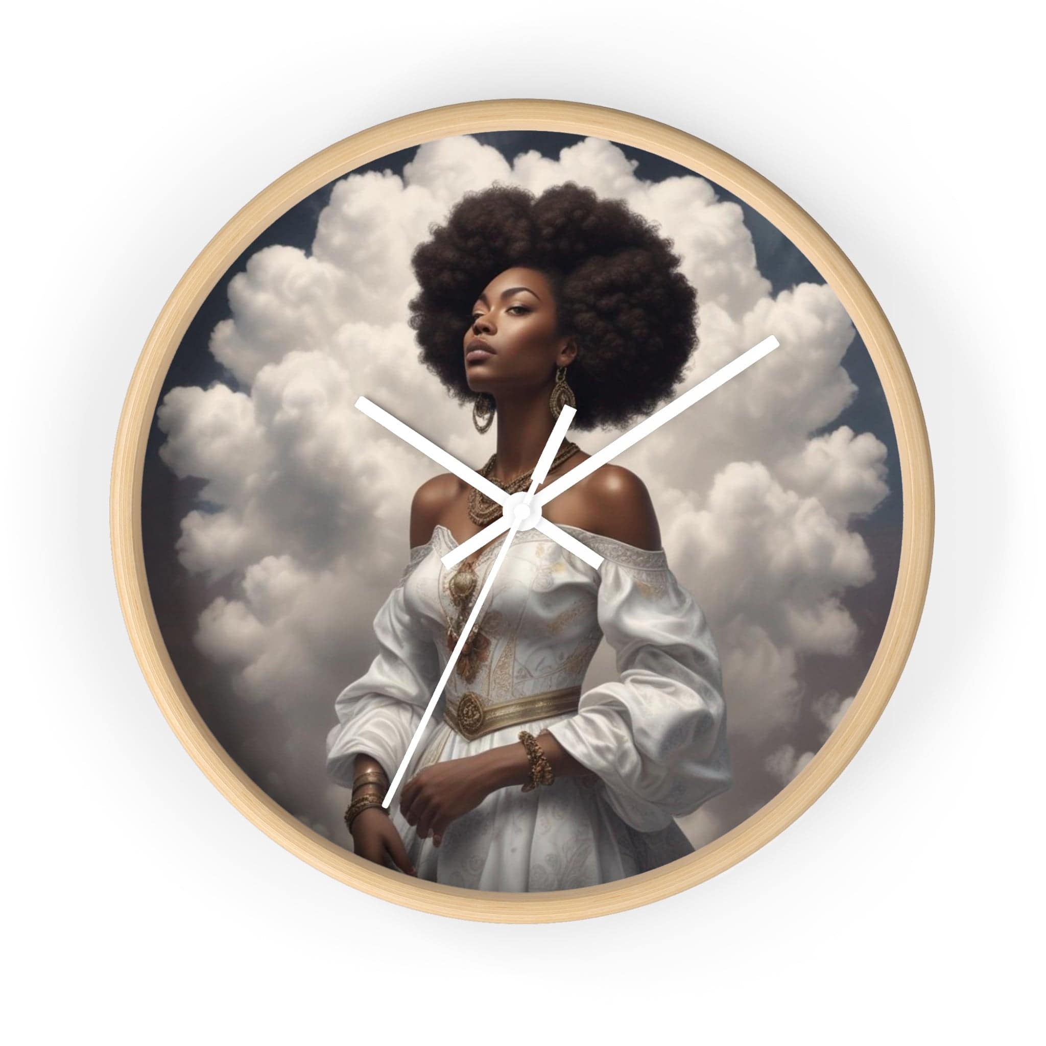 Square 10-inch wall clock with wood frame, plexiglass face, and a quiet metal mechanism — product detail
