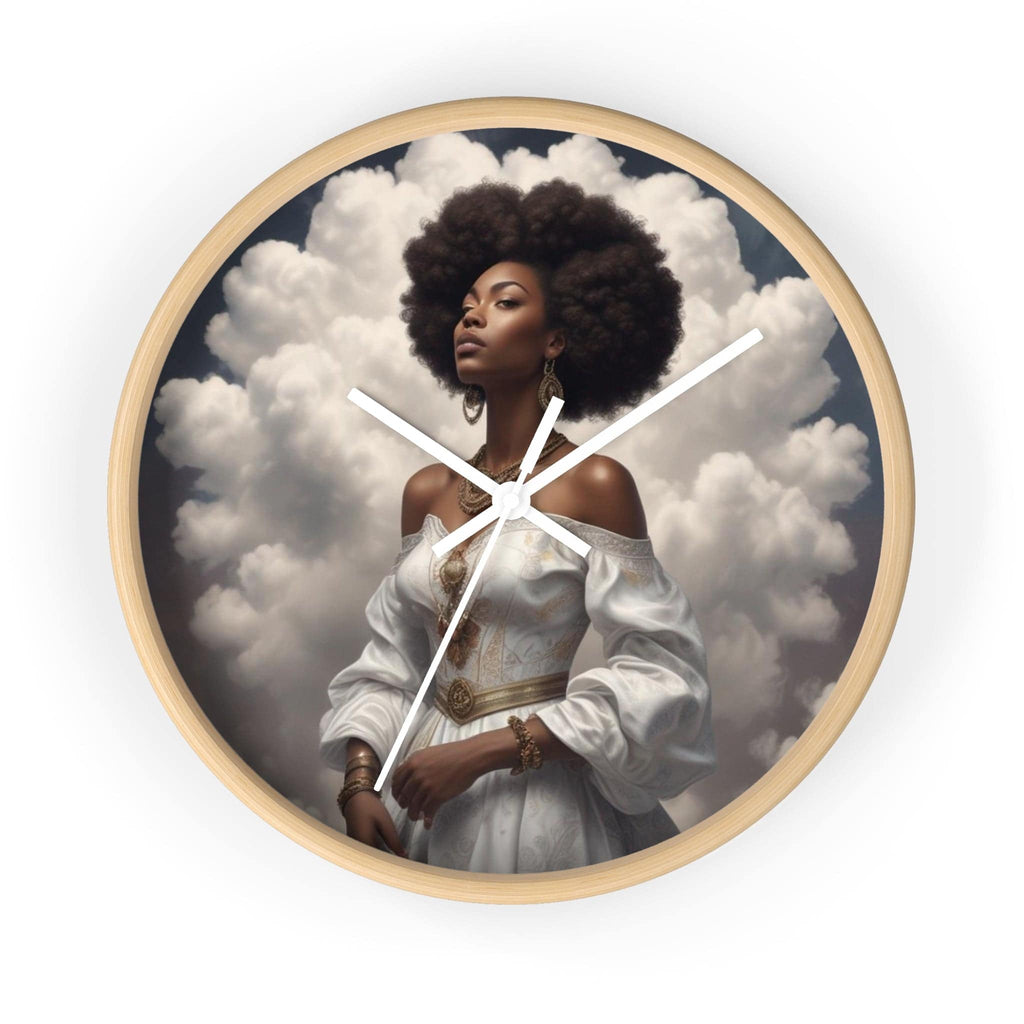 R&RH Serenity Wall Clock with wood frame and plexiglass face hanging on a living room wall