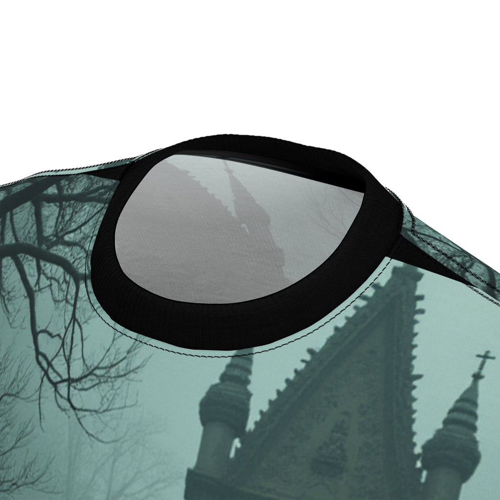 Halloween Unisex Tee, Spooky Graphic T-Shirt, Halloween Party Wear, Ghostly AOP Shirt, Gothic Casual Tee