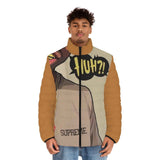 Light brown men's puffer jacket with stand-up collar, quilted black lining and side pockets — product detail