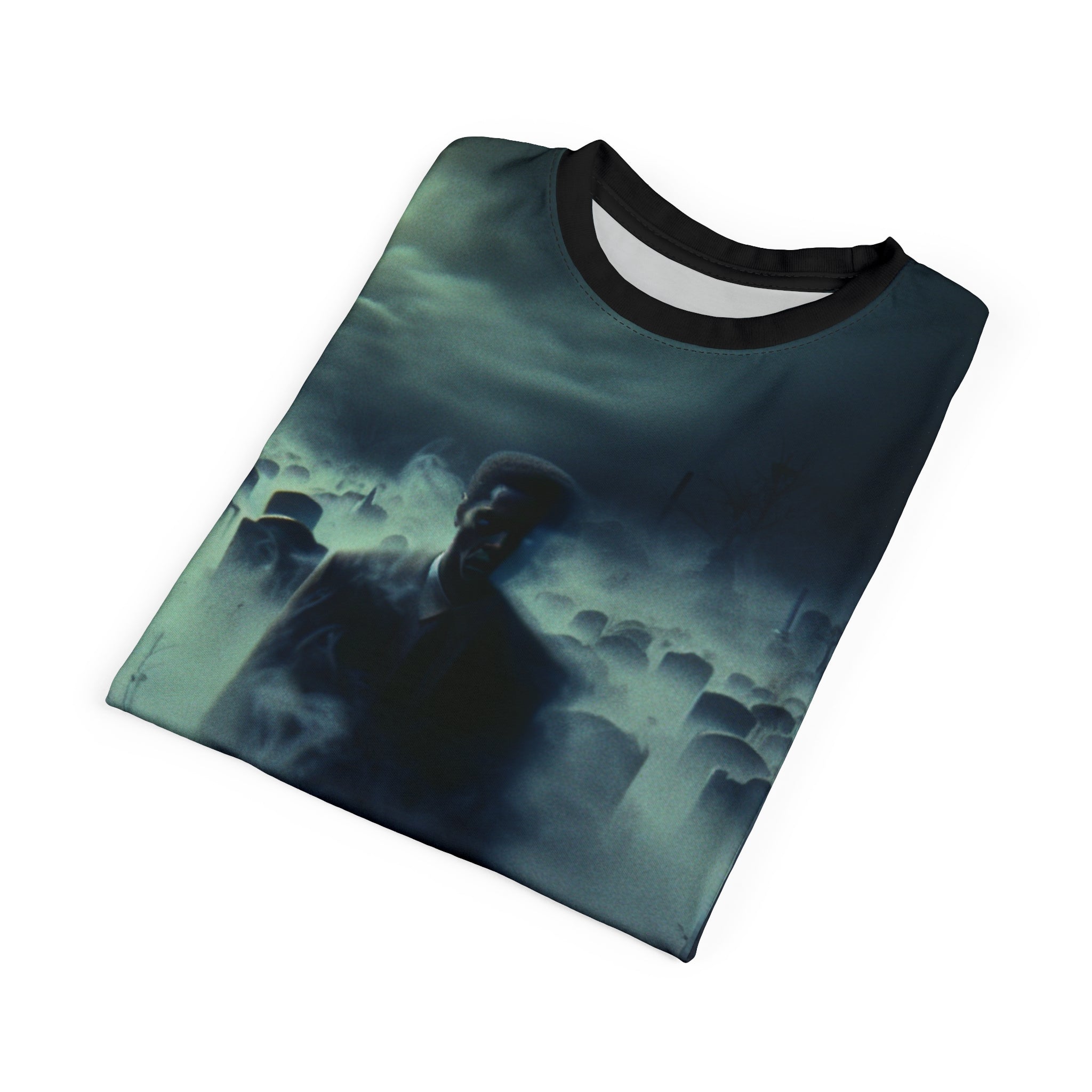 Unisex tee with foggy graveyard all-over print and mysterious figure, crew neck and regular fit — additional view 13