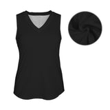 Black women's V-neck sleeveless tank top with chest pockets and side slits — rear view