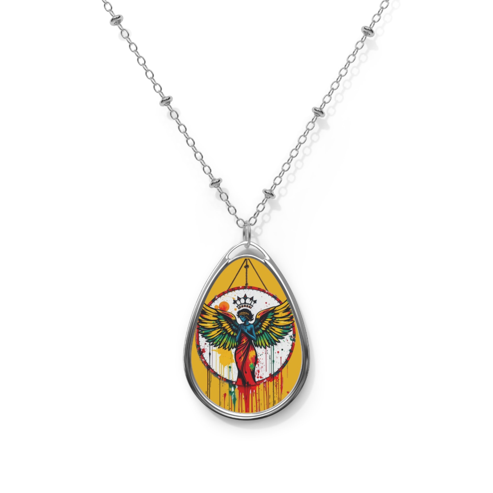 Rich and Rich Artistic Mustard Yellow Oval Necklace – Colorful Winged Guardian Pendant