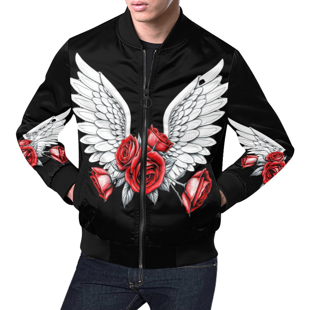 R&RH Mens Wings and Roses Black Full Zip Hoodie_image All Over Print Bomber Jacket for Men (Model H19)