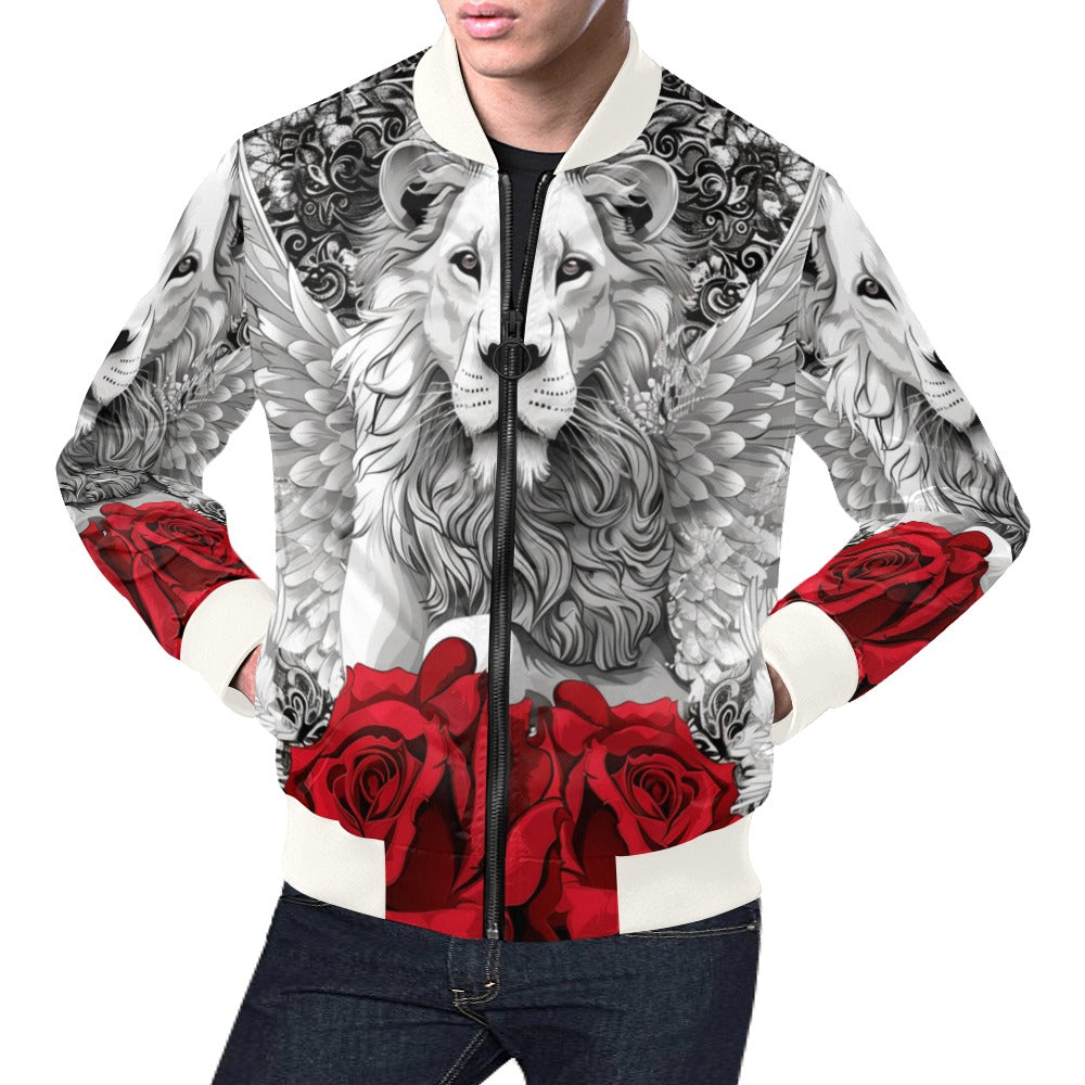R&RH Mens Caricature and Roses White Zipper Hoodie All Over Print Bomber Jacket for Men (Model H19)