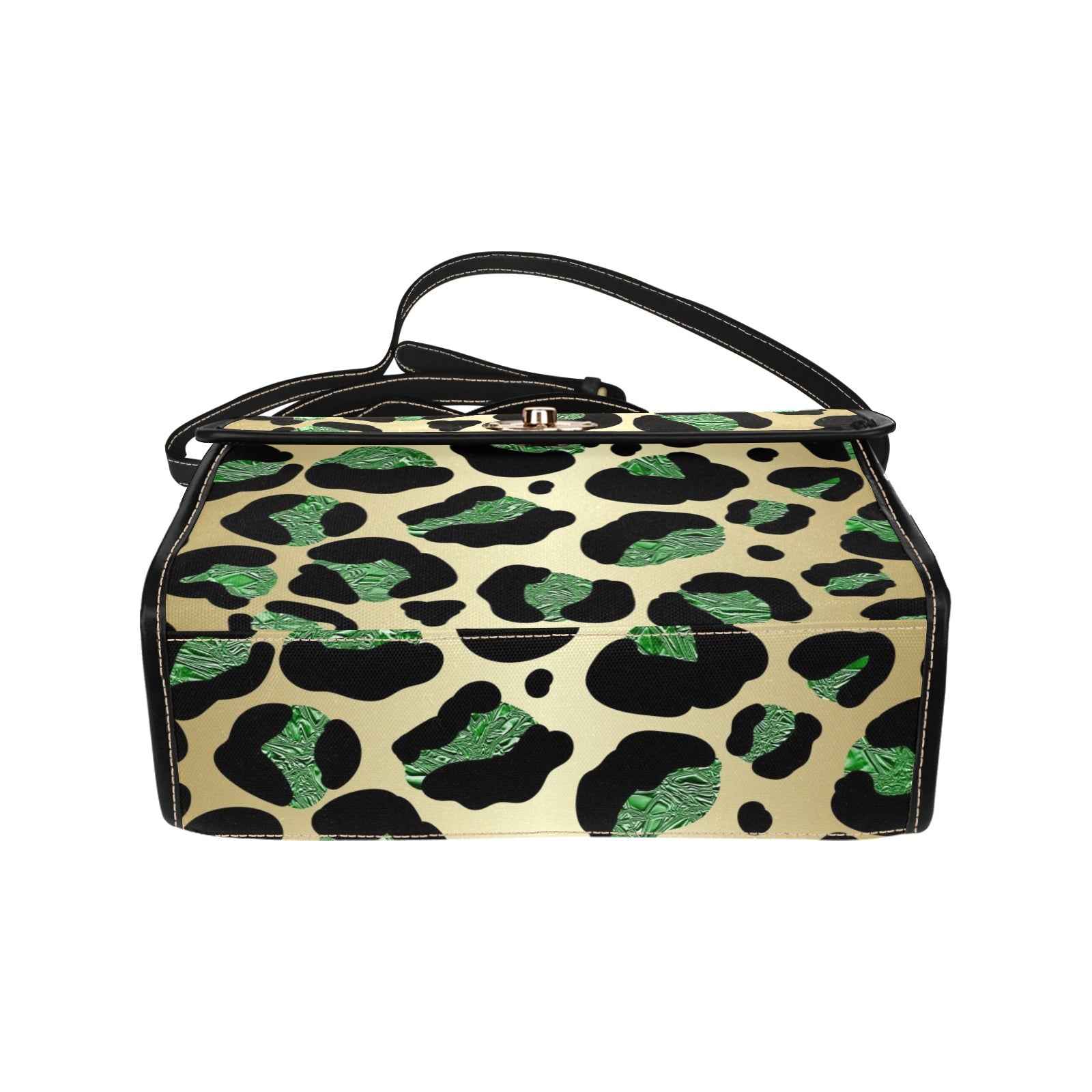 Waterproof emerald print canvas shoulder bag with PU leather handles and adjustable straps — rear view