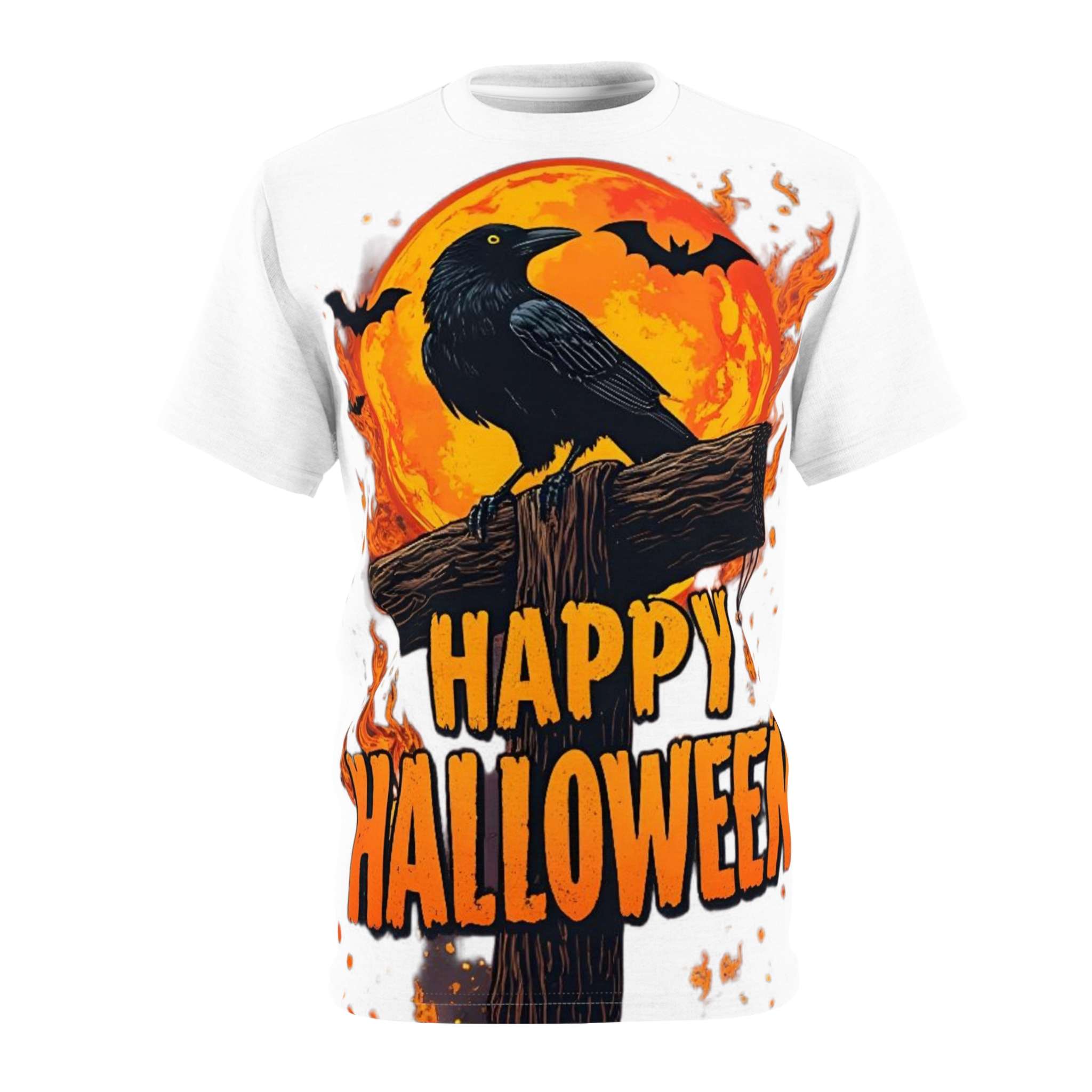 Unisex tee with crow silhouette and orange moon all-over print, crew neck and regular fit for Halloween — product detail
