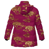 Women's fuchsia puffer coat with gold rose print and detachable hood — additional view 6