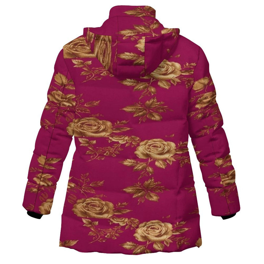 Rich and Rich Women's Fuschia with Gold Roses Hooded Puffer Coat