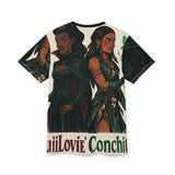 Unisex polyester t-shirt with bold fantasy all-over print and ribbed crew neck — product detail